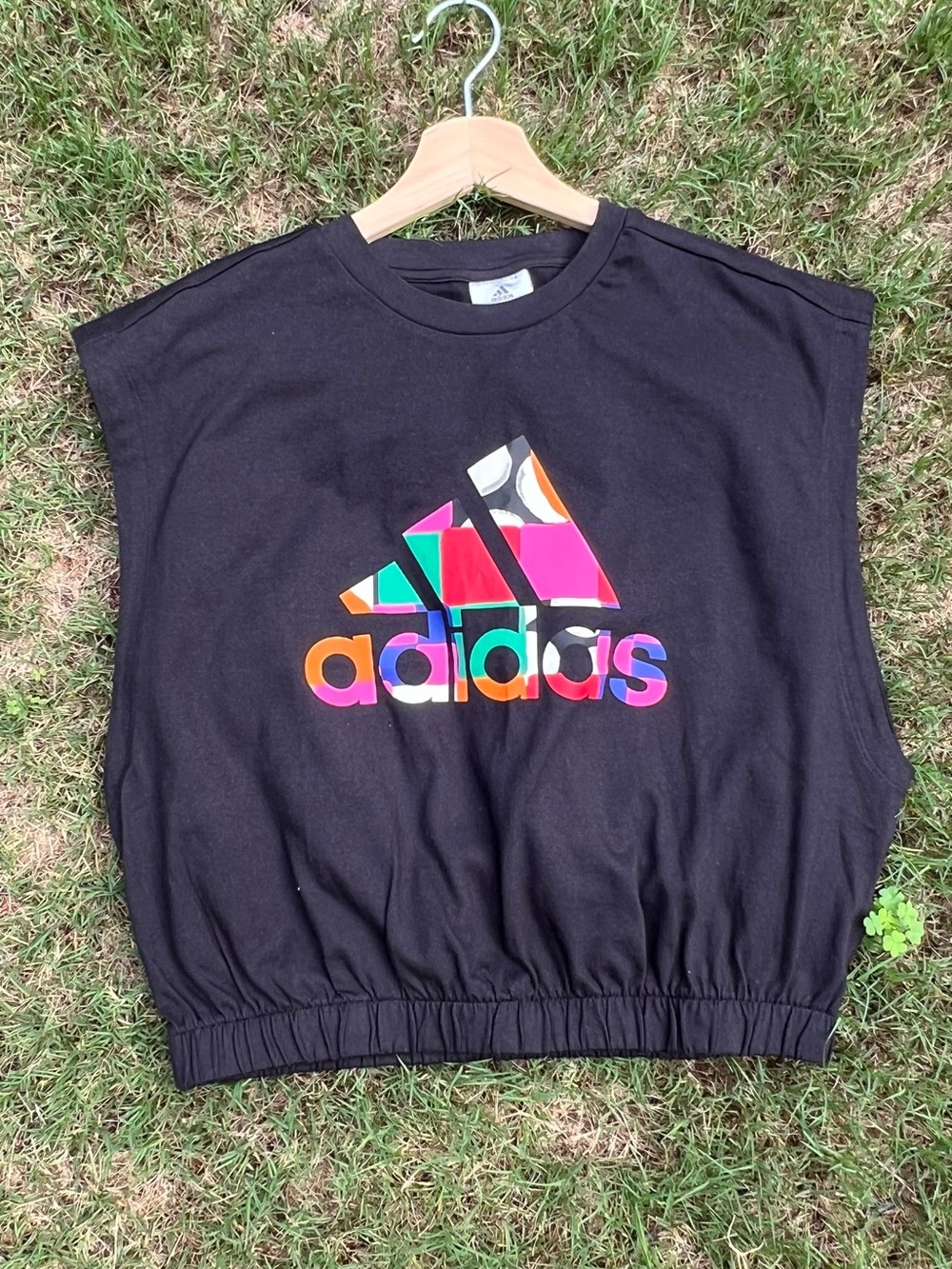 Adidas Farm Rio Collab Black Cropped Tee with Bright Multicolor Trefoil
